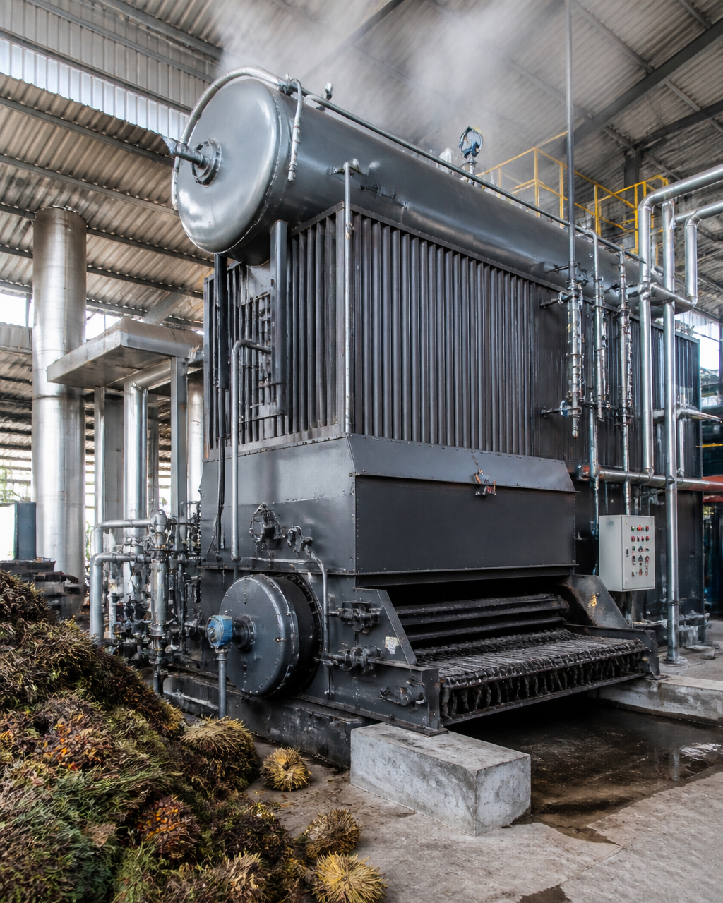 Typical water tube biomass boiler installation used in Malaysian and Indonesian palm oil mills